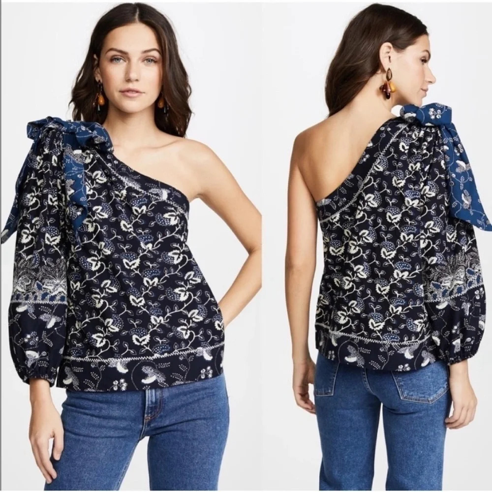 Ulla Johnson Navy Floral One-Shoulder Blouse